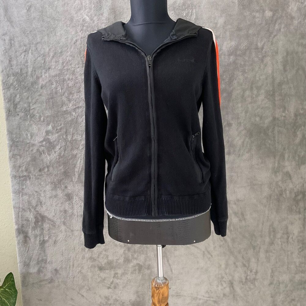 Lauren Ralph Lauren Sweater Jacket women’s M Hooded Full-zip Black w Orange trim